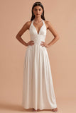 White A-Line Halter Ruched Satin Long Wedding Dress