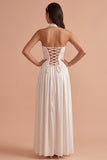 White A-Line Halter Ruched Satin Long Wedding Dress