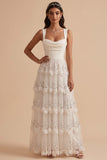 White A-Line Cowl Neck Tiered Maxi Wedding Dress with Sequins Appliques