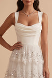 White A-Line Cowl Neck Tiered Maxi Wedding Dress with Sequins Appliques