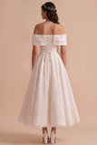 White A-Line Off the Shoulder Lace Midi Wedding Dress