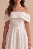 White A-Line Off the Shoulder Lace Midi Wedding Dress