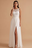 White A-Line Illusion Neck Satin Embroidery Cut Out Long Wedding Dress with Slit