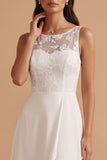 White A-Line Illusion Neck Satin Embroidery Cut Out Long Wedding Dress with Slit