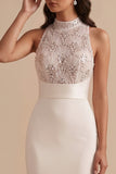 White Mermaid High Neck Sequins Appliques Cut Out Long Wedding Dress
