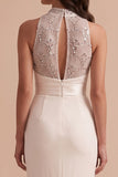 White Mermaid High Neck Sequins Appliques Cut Out Long Wedding Dress