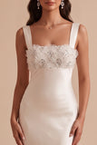 White Mermaid Square Neck Satin Sequins Appliques Long Wedding Dress with Beading