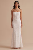 White Corset Mermaid Strapless Maxi Wedding Dress with Embroidery