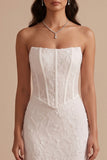 White Corset Mermaid Strapless Maxi Wedding Dress with Embroidery
