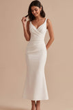 White Mermaid Satin V-Neck Ruched Midi Wedding Dress