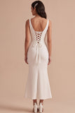 White Mermaid Satin V-Neck Ruched Midi Wedding Dress