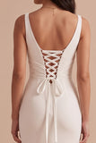White Mermaid Satin V-Neck Ruched Midi Wedding Dress