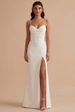 White Corset Sheath Satin Spaghetti Straps Long Wedding Dress with Slit