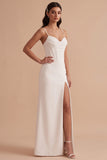 White Corset Sheath Satin Spaghetti Straps Long Wedding Dress with Slit