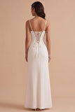White Corset Sheath Satin Spaghetti Straps Long Wedding Dress with Slit