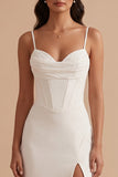 White Corset Sheath Satin Spaghetti Straps Long Wedding Dress with Slit