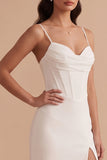 White Corset Sheath Satin Spaghetti Straps Long Wedding Dress with Slit