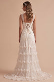 White Mermaid Cowl Tiered Ruffled Tulle Sequins Maxi Wedding Dress with 3D Flower