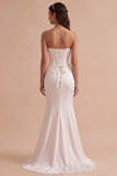 White Corset Mermaid Satin Strapless Long Wedding Dress with 3D Flower