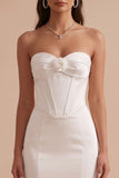 White Corset Mermaid Satin Strapless Long Wedding Dress with 3D Flower