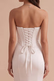 White Corset Mermaid Satin Strapless Long Wedding Dress with 3D Flower