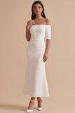 White Mermaid Off the Shoulder Half Sleeves Satin Midi Wedding Dress