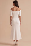 White Mermaid Off the Shoulder Half Sleeves Satin Midi Wedding Dress