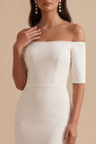 White Mermaid Off the Shoulder Half Sleeves Satin Midi Wedding Dress