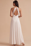 White A-Line Halter Chiffon Lace Cut Out Long Wedding Dress