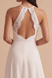 White A-Line Halter Chiffon Lace Cut Out Long Wedding Dress