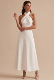 White A-Line Halter Satin Midi Wedding Dress