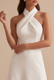 White A-Line Halter Satin Midi Wedding Dress