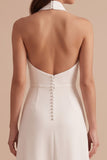 White A-Line Halter Satin Midi Wedding Dress