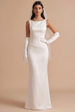 White Mermaid Bateau Neck Satin Long Wedding Dress