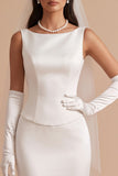 White Mermaid Bateau Neck Satin Long Wedding Dress