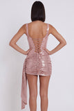 Pink Corset Metallic Bodycon Scoop Neck Ruched Short Cocktail Dress with Draping