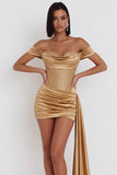 Gold Corset Off the Shoulder Ruched Satin Beaded Short Cocktail Dress with Draping