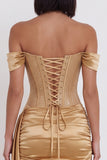 Gold Corset Off the Shoulder Ruched Satin Beaded Short Cocktail Dress with Draping