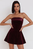 Burgundy A-Line Strapless Velvet Short Cocktail Dress