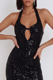 Black Sequins Bodycon Halter Short Cocktail Dress with Keyhole