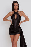 Black Satin Corset Halter Keyhole Ruched Short Cocktail Dress with Draping
