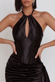 Black Satin Corset Halter Keyhole Ruched Short Cocktail Dress with Draping