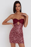 Burgundy Sequins Bodycon Strapless Cut Out Short Cocktail Dress