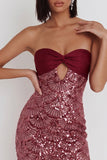 Burgundy Sequins Bodycon Strapless Cut Out Short Cocktail Dress