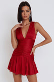 Red V-Neck A-Line Ruched Bodycon Short Cocktail Dress