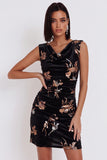 Black Velvet Bodycon Printed Cowl Neck Ruched Short Cocktail Dress