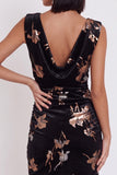 Black Velvet Bodycon Printed Cowl Neck Ruched Short Cocktail Dress