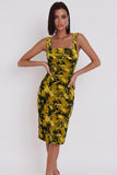 Yellow Green Printed Bodycon Square Neck Midi Cocktail Dress