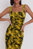 Yellow Green Printed Bodycon Square Neck Midi Cocktail Dress