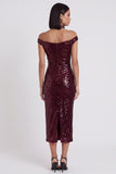 Sparkly Burgundy Sheath Off the Shoulder Sequins Midi Cocktail Dress